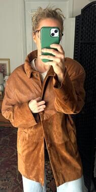 Vintage Brown Suede Leather Coat | Oversized 90s Winter Jacket Sz L